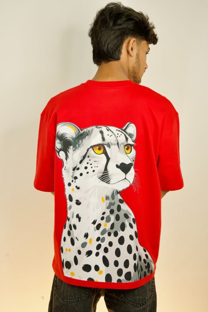 Fierce Cheetah Graphic Oversized T-Shirt Vibrant Red Streetwear Back View