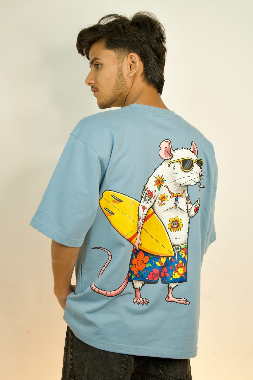 Quirky Surfer Rat Graphic Oversized T-Shirt Light Blue Summer Style Back View