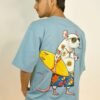 Quirky Surfer Rat Graphic Oversized T-Shirt Light Blue Summer Style Back View