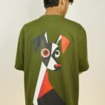 Abstract Geometric Dog Graphic Oversized T-Shirt Olive Green Modern Art Back View