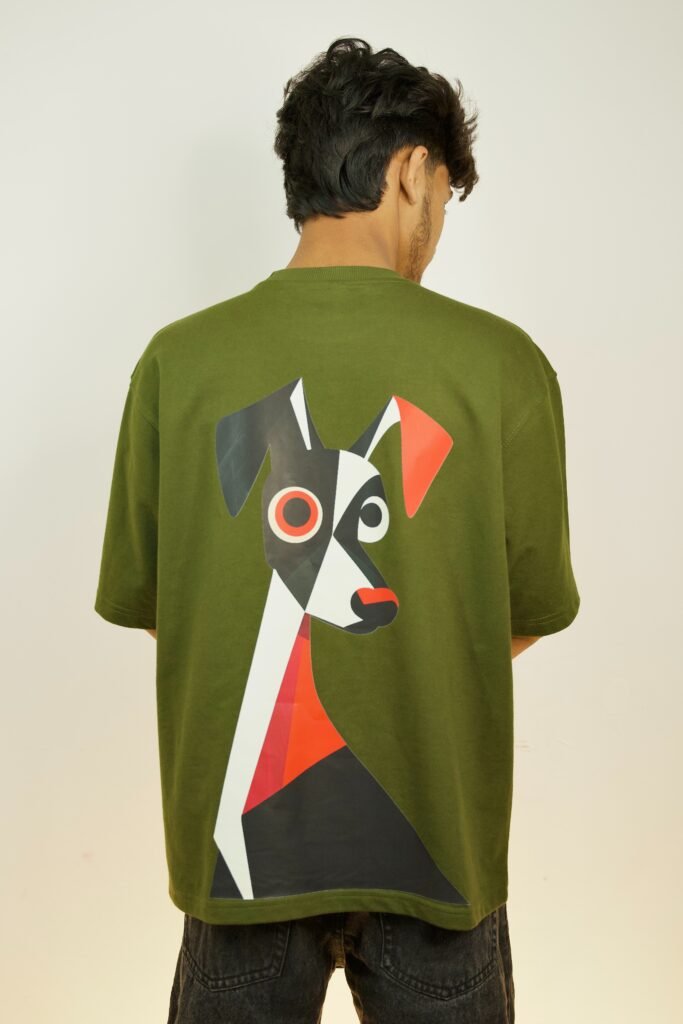 Abstract Geometric Dog Graphic Oversized T-Shirt Olive Green Modern Art Back View