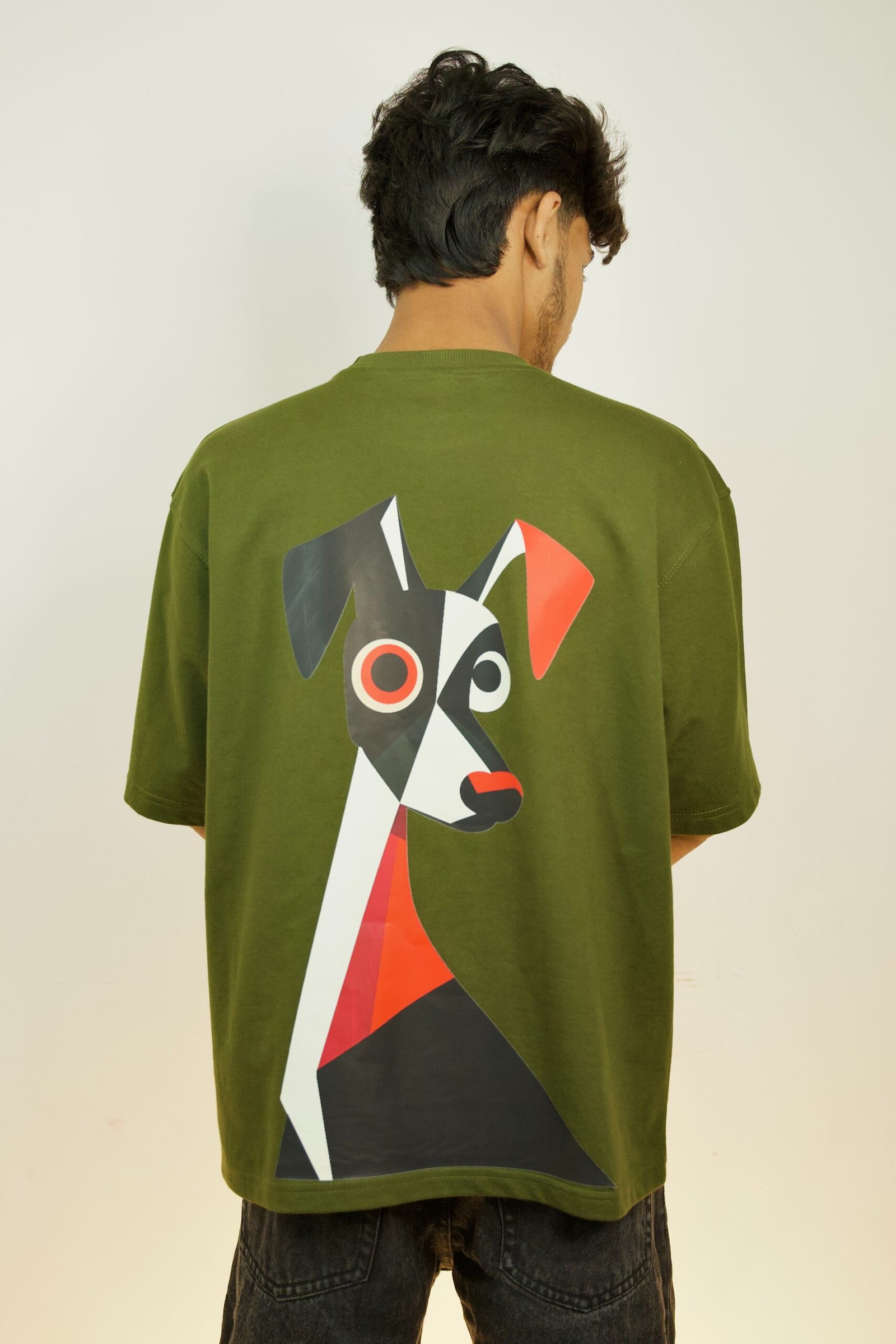 Abstract Geometric Dog Graphic Oversized T-Shirt Olive Green Modern Art Back View
