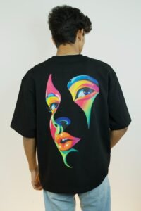 Vibrant Pop Art Face Graphic Oversized T-Shirt Black Back Design