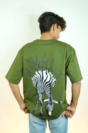 Zebra Branch Abstract Graphic Oversized T-Shirt Olive Green Back View