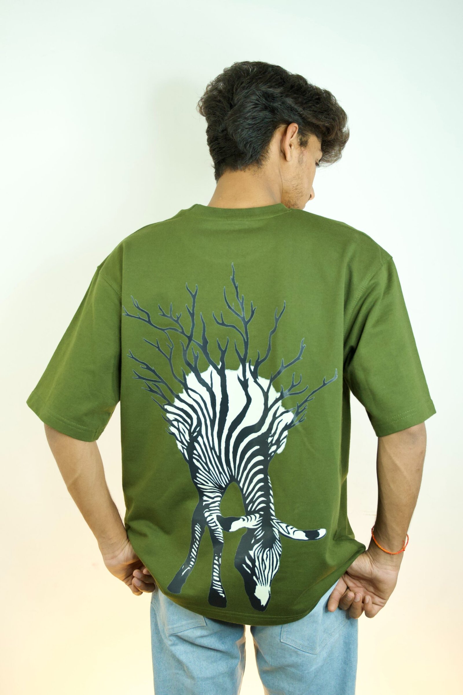 Zebra Branch Abstract Graphic Oversized T-Shirt Olive Green Back View